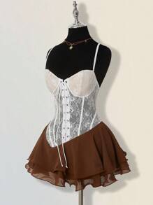 SHEIN ICON Đầm ngắn hai dây ren hoa thiết kế viền bèo nhún thời trang thu đông cho nữ - Nhiều màu - Xem 3