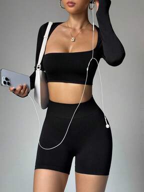 Dewbera Seamless Solid Color Cropped Top And Shorts Women Sports Set Gym Set Long Sleeve Workout Set