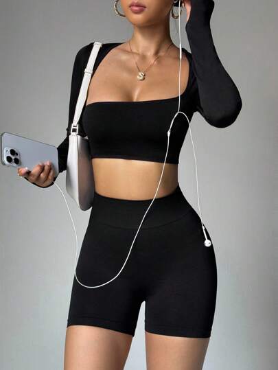 Dewbera 女士无缝纯色短款上衣和短裤运动套装