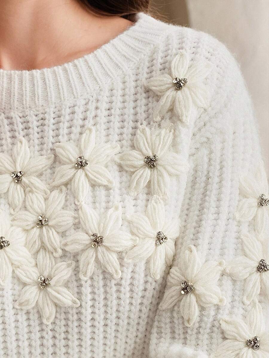 Anewsta New Autumn/Winter Solid Color Knitted Sweater, Handmade Fashion 3D Crochet Design Loose Long Sleeve Pullover For Women - White - View 1