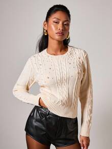 COSMINA 女士优雅珍珠缀饰长袖毛衣，秋冬 - 杏色 - 查看 5