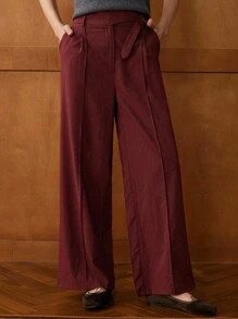 Écloséra Elegant Loose Straight Pleated Solid Color Pants, Spring/Summer Fall Cloth For Women - Red - View 1