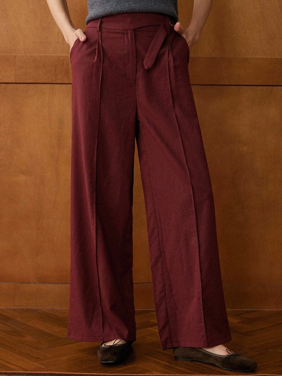 Écloséra Elegant Loose Straight Pleated Solid Color Pants, Spring/Summer Fall Cloth For Women - Red - View 1