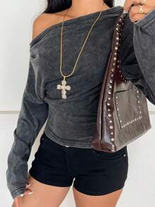 SHEIN EZwear Washed One Shoulder Casual Loose Fit Long Sleeve Sweatshirt For Women,Y2k Clothes,Streetwear, In Fall/Winter - Grey - View 3