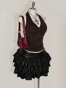 SHEIN ICON Plus Size Black Halter Ruched Backless Top, Bowknot, Suitable For Vacation, Music Festival, Punk