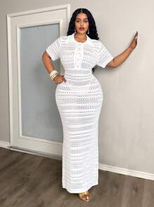 Slaydiva 复活节波西米亚风休闲轻盈纯色翻领前扣短袖修身镂空针织长裙，优雅浪漫，适合春夏季、海滩、日常穿着，加大码 - 白色 - 查看 4