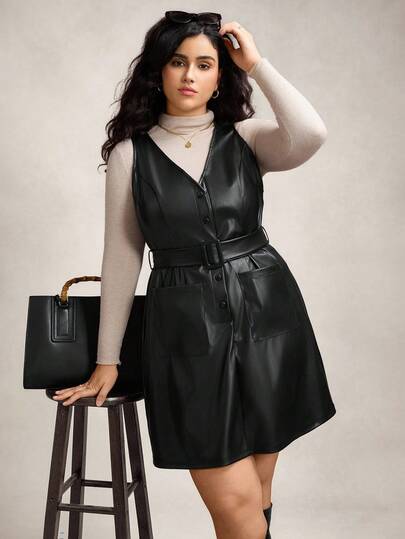 Zelara Plus Size Women Solid Color PU Leather Single-Breasted Sleeveless Belted Pocket Dress Faux Leather Dress Leather Dress For Women Plus Size Leather Dress Black Leather Dress Leather Overall Dress