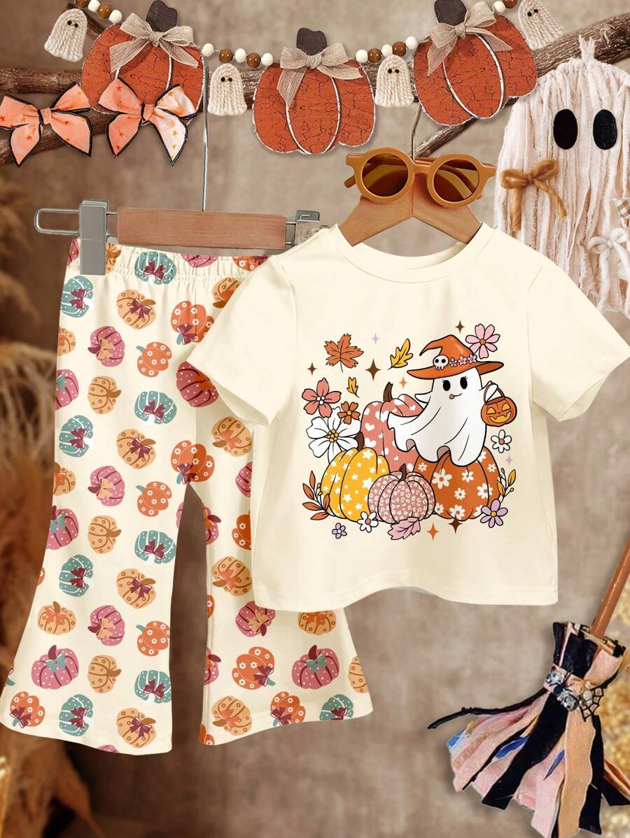 SHEIN Happikins Warm Apricot, Cute Halloween Pumpkin Flower, Coquette Ghost, Spooky Season, Little Miss Bootiful, Baby Girl Casual Minimalist Short Sleeve Round Neck T-Shirt And Flare Pants Set, Autumn Outfits For , Easy Comfort, Autumn Layers For Kids, Stylish Baby, Casual Wear, Baby & Kids Halloween Graphic Clothes, Fall Vibes Fall Vibes!