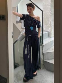 DAZY 女式不对称领口短袖衬衫和休闲荷叶边系腰裤套装 - 藍色 - 查看 5