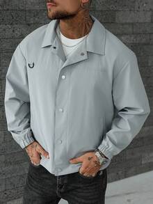 Manfinity Homme Men's Solid Color Long Sleeve Single-Breasted Lapel Casual Jacket Grey Jacket Men Summer Jacket Cropped Men Jacket Men Grey Jacket Lightweight Men Jacket , Fall