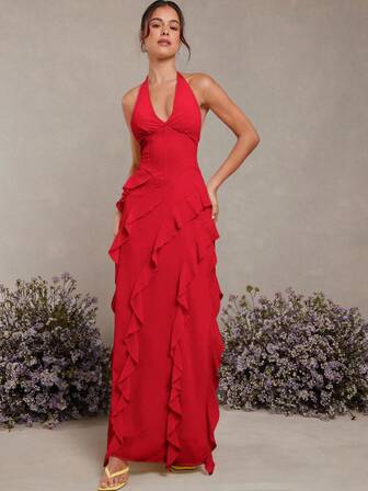 L'Amorae 挂脖荷叶边细节长连衣裙