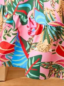 Tween Girl Tropical Plant Print Round Neck Cap Sleeve Dress - Multicolor - View 4