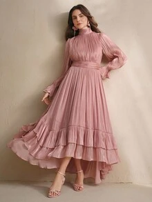 Anewsta 女式新款优雅高端永恒纯色复古喇叭袖不对称荷叶边下摆连衣裙 - 粉色 - 查看 6