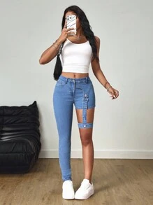 SHEIN Tall Asymmetric Length Tie-Up High Waist Skinny Jeans - Medium Wash - View 6