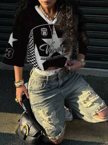 SHEIN EZwear 女式休闲V领宽松短款五分袖网眼T恤