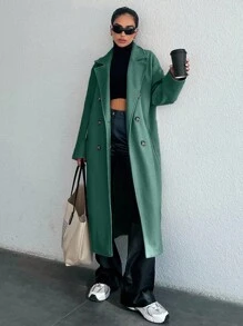 女士休闲纯色双排扣大衣，秋冬 - 墨綠色 - 查看 4