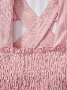 Sparklyn Tween Girls' Casual Elegant Collegiate Dress, Textured Fabric Green Cap Sleeve Pleated A-Line Dress With Bow Criss-Cross Back Straps, Suitable For Outings, Vacation, School, Spring/Summer Pink Dress For Girls Girls Pink Bow Dress Ruffle Dress Girls Pink Girls Summer Dress Girls Casual Dress - Pink - View 6