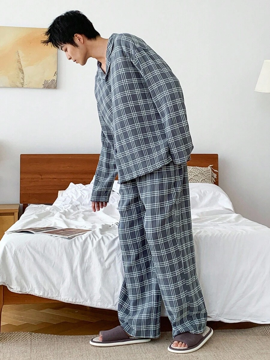 DAZY Plaid Gray Shirt Paired With Pants Men's Loungewear Set, Autumn, Fall Clothes Pajama - Grey - View 1