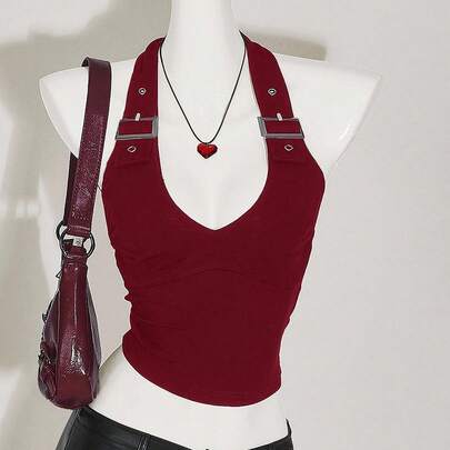 Women's Burgundy Halter Solid Color Backless Deep V-Neck Adjustable Crisscross Strap Camisole
