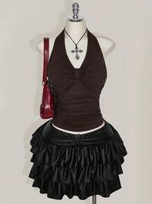 SHEIN ICON Plus Size Black Halter Ruched Backless Top, Bowknot, Suitable For Vacation, Music Festival, Punk