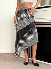 Roylia Women's Elegant Fashion Fitted Polka Dot Contrast Lace Hem Asymmetric Hem Skirt, Spring/Autumn Casual Outfits Spring - Black - View 7