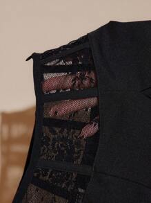 Amorya Quần ống rộng cạp cao phối ren vá thanh lịch dành cho nữ, phù hợp để đi làm hàng ngày và nhiều dịp khác nhau, mùa thu - màu đen - Xem 7