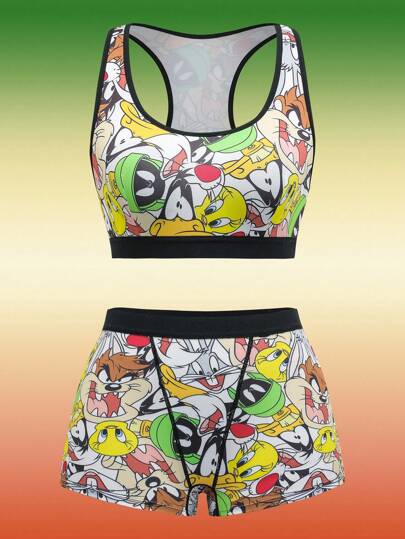 LOONEY TUNES X SHEIN Plus Size Comfortable Soft Cartoon Pattern Racer Back Bra And Boyshorts Set