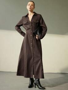 Aveloria Modichic Váy sơ mi dài tay cổ chữ V thắt eo kiểu Âu Mỹ mới cho nữ mùa thu/đông - màu nâu - Xem 5