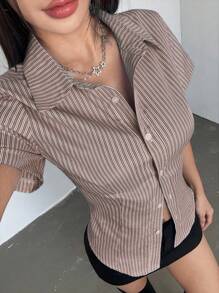 Flirla 蓝色条纹修身休闲办公室女士短袖衬衫