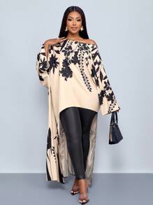 SOLERSUN 加大码波西米亚花卉定位印花露肩长袖不对称下摆休闲通勤白衬衫老款休闲海滩女士夏季乡村音乐会 - 杏色 - 查看 3