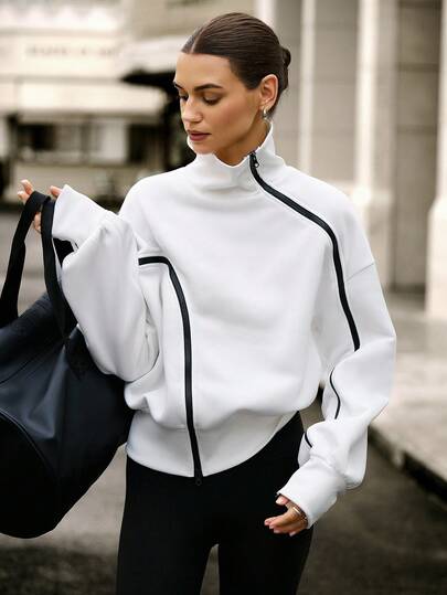 Hanevo Women's Fashion Colorblock Zipper Fleece Turtleneck Lantern Sleeve Sweatshirt Fall Cloth For Women