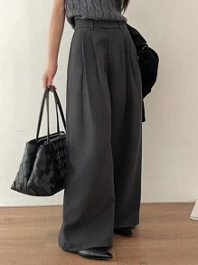 DAZY 女士宽松口袋阔腿裤，休闲街头风西装裤，秋冬商务装 - 深灰色 - 查看 3