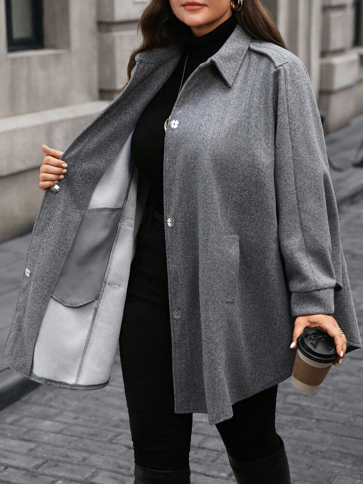 Plus Size Women Gray Coat, Batwing Sleeve Pocket Loose Casual Overcoat Plus Size Winter Coats Plus Size Cape Coat Poncho Coat Autumn/Winter Fall
