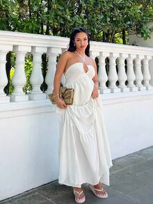 NegzBox 女士雪紡領口無背連衣裙，配長尾裙設計，適用於度假、婚禮或節日 - 米色 - 查看 4