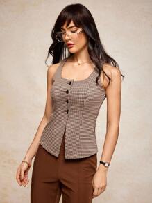 House of One Jacquard Elegant Skinny Button-Up Embellished Square Neck Tank Top Jacket Women Fall Winter Old Money Fall Outfits Business Professional Women Business Casual Woman