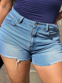 NegzBox 女式夏季休闲水洗斜口袋毛边牛仔短裤 - 淺色水洗藍 - 查看 3