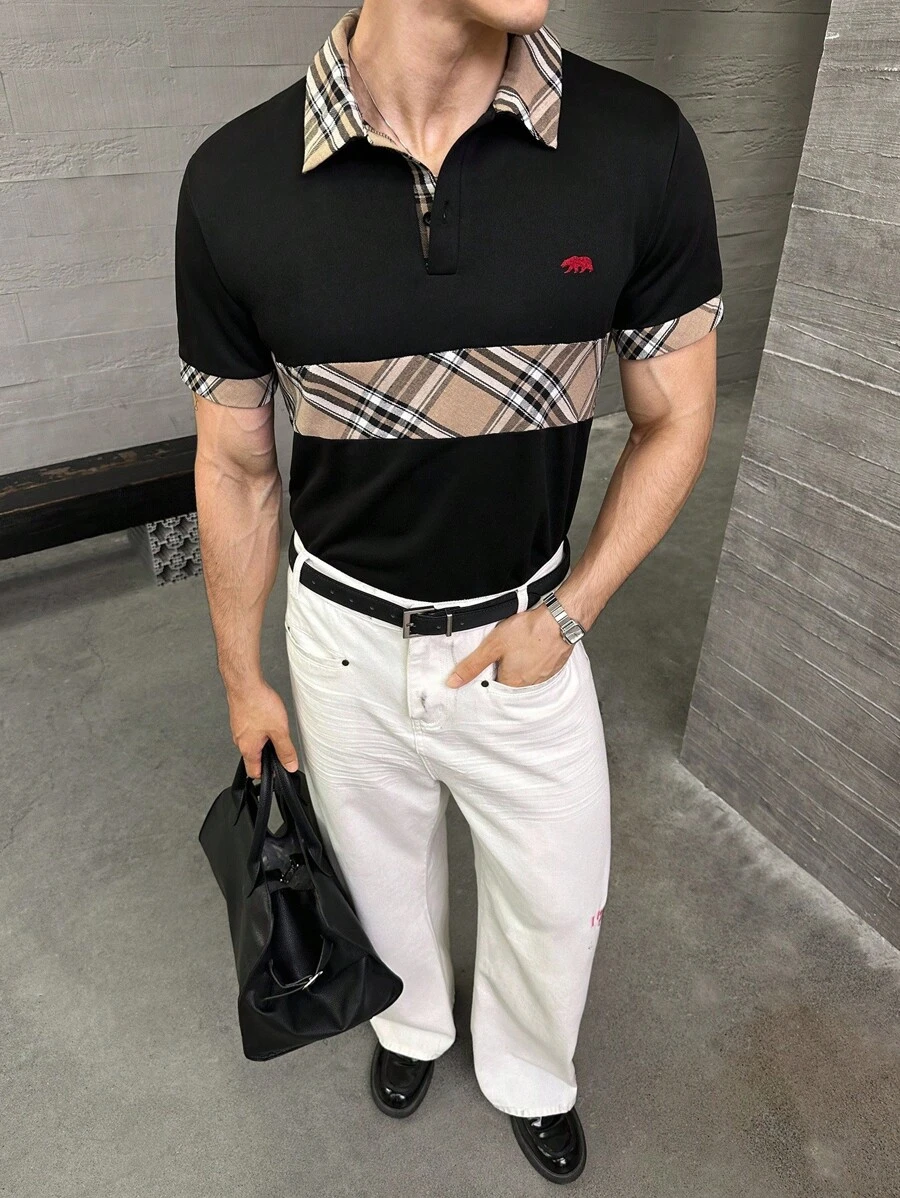 Manfinity BRENVOR 男士黑色格子针织短袖Polo衫,格子拼接,适合夏季 - 黑色 - 查看 1