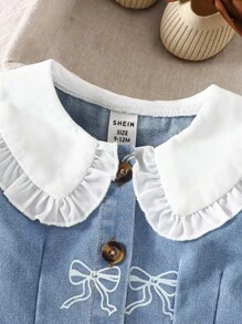 Mädchen/Kleinkinder/Babys modische, süße Schleifenprint Langarm Denim Kleid mit Knopfkragen, weich & bequem, locker geschnitten, geeignet für Outdoor-Tragen im Frühling und Herbst