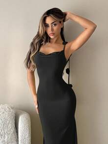 SHEIN ICON Váy Maxi Bodycon hở lưng gợi cảm với họa tiết hoa 3D dành cho nữ - màu đen - Xem 5