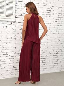 Ellevyn Women's Solid Color Asymmetric Hem Halter Top And Wide Leg Pants Casual 2 Pieces Set - Burgundy - View 2