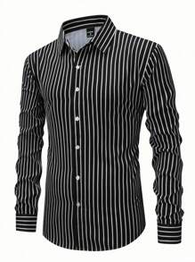 Calvornis 黑色条纹长袖衬衫，带口袋和领子，适合华丽派对穿着条纹长袖衬衫男士条纹衬衫黑白条纹衬衫男士黑白衬衫，秋季 - 黑色 - 查看 4