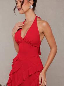 L'Amorae Halter Neck Ruffle Detail Maxi Dress - Red - View 4