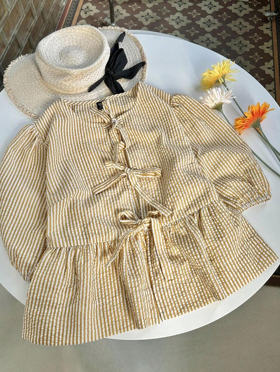 Comfortcana Plus Size Women Casual & Commute Bowknot Tie Front Blouse, Summer,Back To School - Ginger - View 1