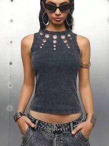 LYSMO Áo ba lỗ khoét lỗ thời trang dành cho nữ, mùa hè - Xám - Xem 8