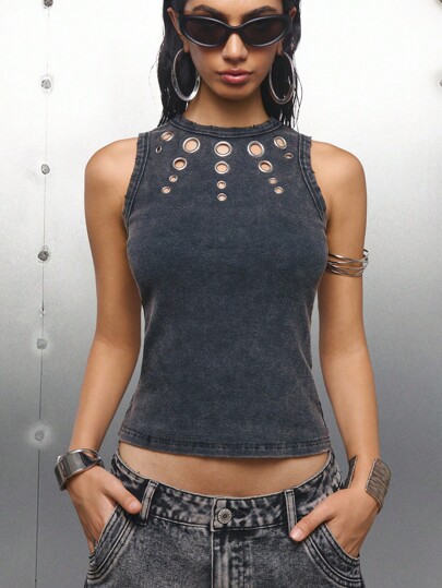 LYSMO Women's Fashionable Washed Distressed Metal Decoration Hollow-Out Tank Top, Hollow Out Top For Going Out Outfits, Back To School, Graduation, Streetwear, Grunge And Punk Chic, Y2K Clothes And Stockholm Style 2025 New Arrive Minimalism Fall Women