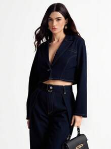 Daynim 女士翻领长袖休闲牛仔短夹克 - 深色水洗藍 - 查看 5