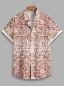 Manfinity Homme 通用花瓶地毯图案时尚休闲全身印花男式常规款短袖 Polo 衫 - 粉色 - 查看 2