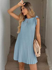 Easowa Vestido mini plisado rosa con mangas acampanadas con volantes, adecuado para vacaciones de verano románticas y atuendo para citas