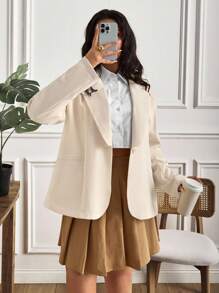 SHEIN Cottnline Plus Size Women's Solid Color Lapel NeckLong Sleeve Single Button Casual Blazer - Beige - View 5