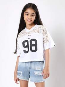 SUMWON Sports Jersey Style Baseball Tee Lace Mesh Panel Varsity Number 98 Girls Top Athletic Summer Casual Streetwear School Team Spirit Wear - White - View 1